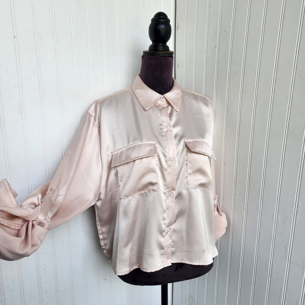 LIFE Womens Silky Satin Button Up Cropped Shirt Blouse Beige Dressy Cream XL